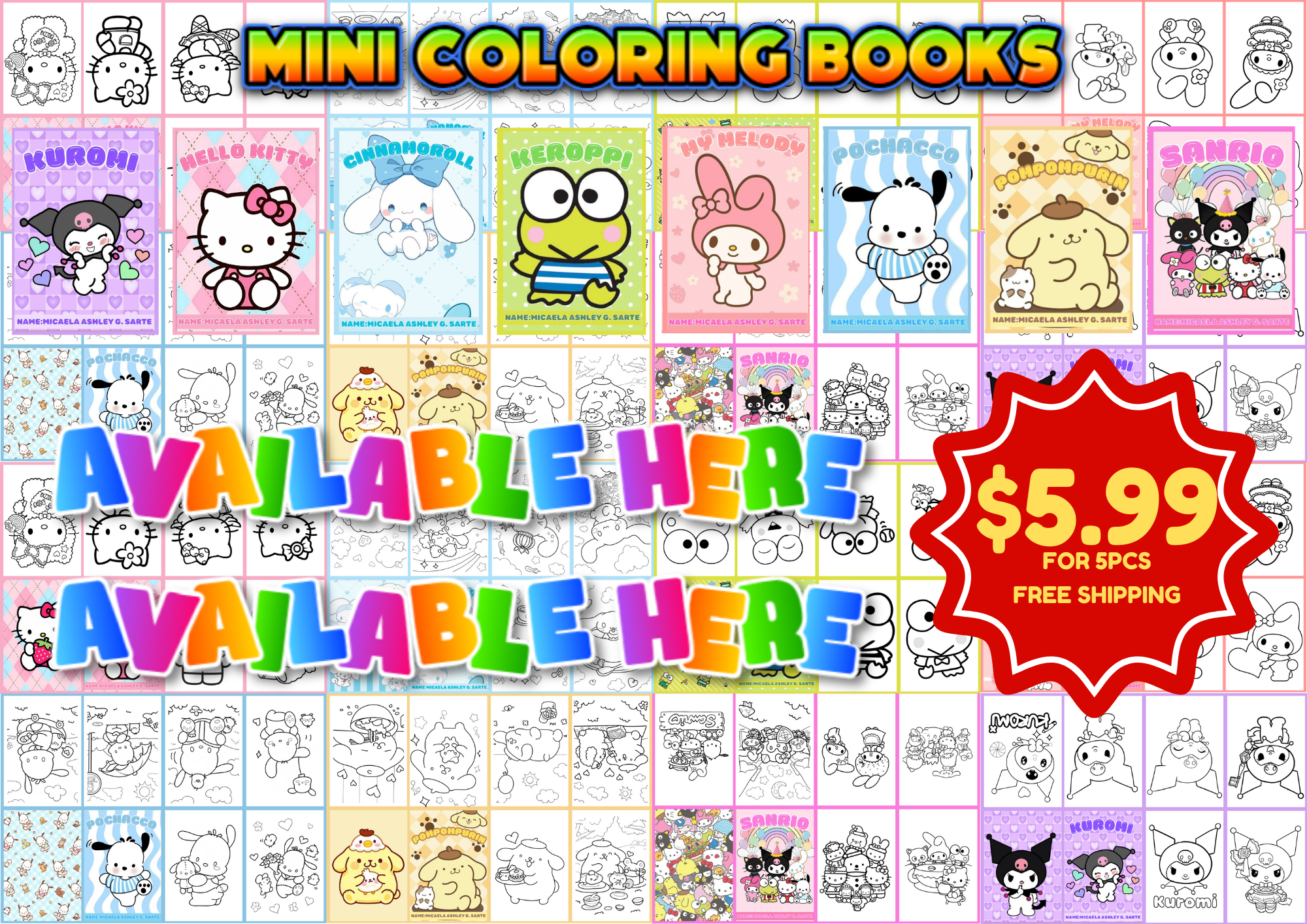 Toddler, Kids Travel Mini Coloring Books- Coloring Sheets, Paper Sheets K-pop Demon, Hello Kitty and more 5pcs