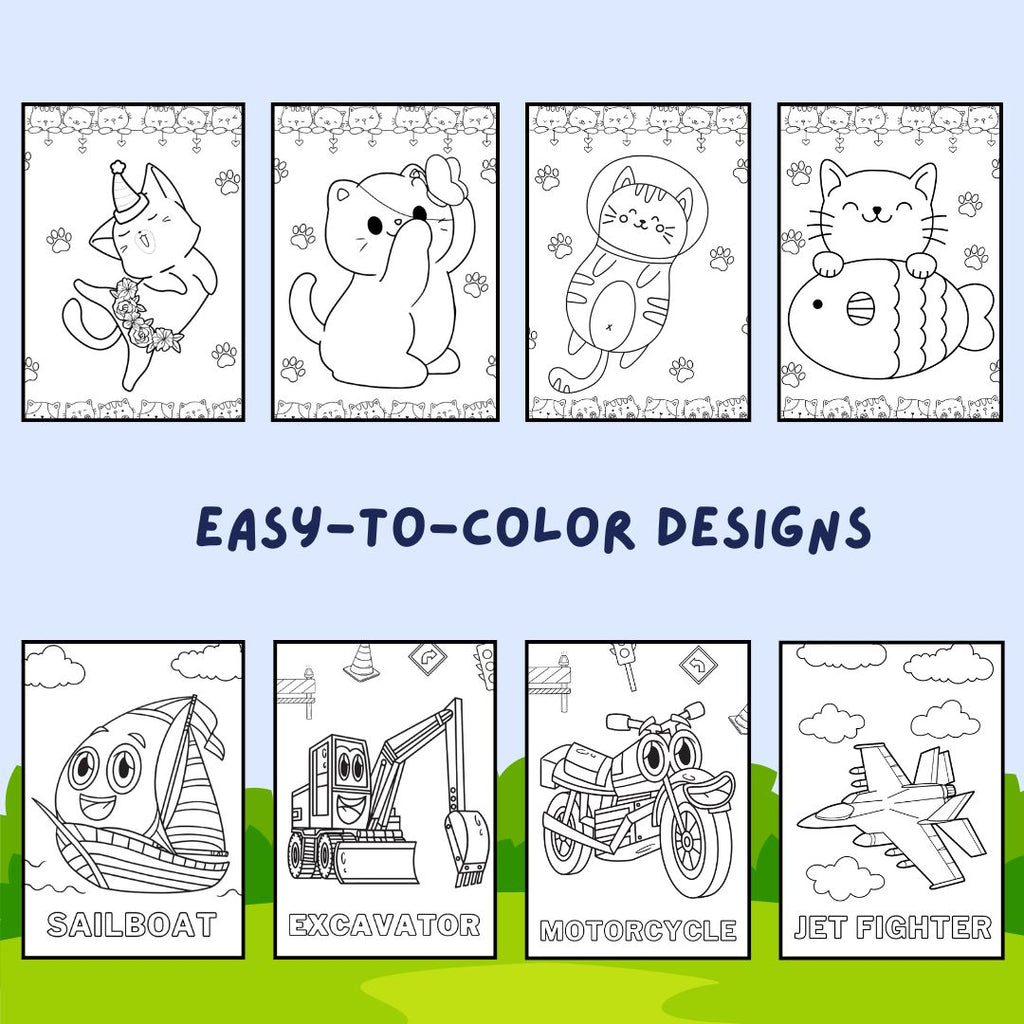 Pocket Coloring Book for Kids - Cute Cats & Vehicles