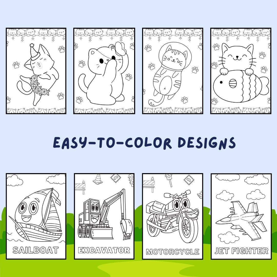 Pocket Coloring Book for Kids - Cute Cats & Vehicles